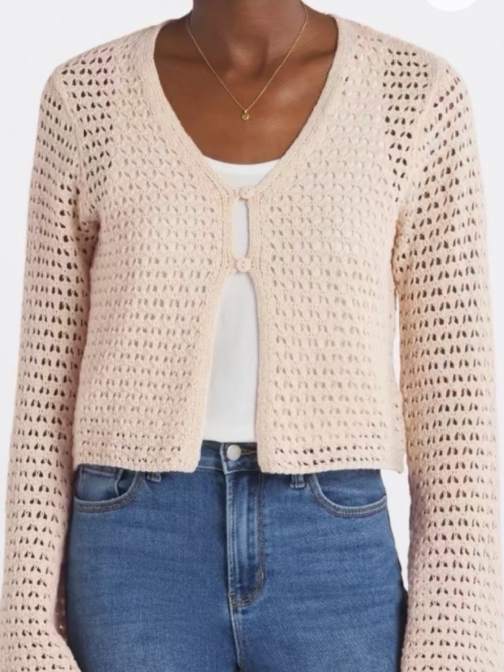 Open-Knit Button Crop Sweater Cardigan - Cream/Beige XXL